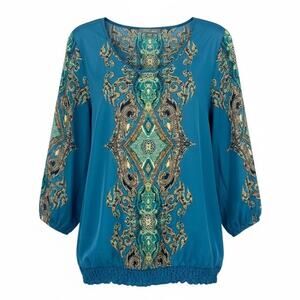 Roz & Ali Womens Boho 1X Teal Baroque Print Blouse 3/4 Sleeve Bubble Hem Top